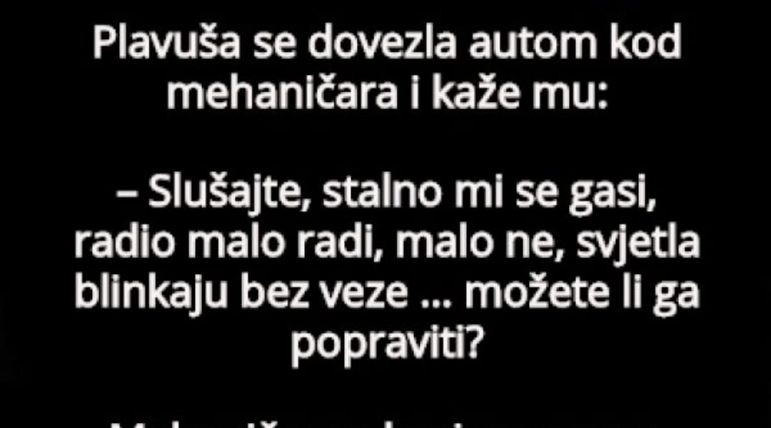 Plavuša se dovezla auto kod mehaničara i kaže mu: